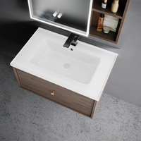 Meuble-lavabo de salle de bain moderne avec armoire miroir, étagères de présentation, tiroirs de rangement à fermeture douce, robinet contemporain et miroir inclus