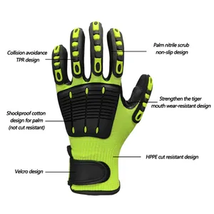 13 Gauged Fluorescent Green Polyester Knitted Sandy Nitrile Palm Coated Strengthen Reinforce Thumb Anti-impact Safety Glove