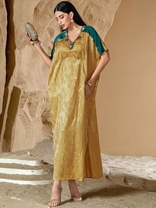 Tissu gingembre fente latérale manches courtes strass décoration col en V femmes musulmanes élégantes Abaya marocaine caftan - Product Image 5