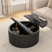 Table basse ronde relevable avec rangement dissimulé, table centrale en bois cannelé noir avec plateau relevable pour salon et maison