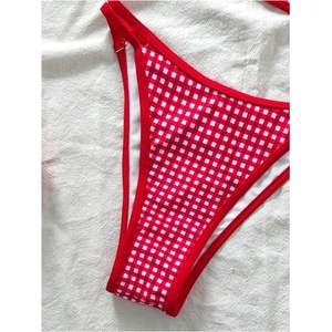 Conjunto de Bikini de Dos Piezas con Tiras Cruzadas y Estampado a Cuadros para Mujer, Traje de Baño de Corte Alto con Lazos en la Espalda, Ribete en Contraste, Elástico, Spandex, Nailon - Product Image 2