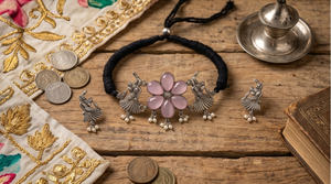 DIVYORO Designer Oxidized <b>Silver</b> Floral <b>Choker</b> Set with Pink Stone Pendant Style Necklace and Earrings Fashion Jewelry Set - Product Image 2