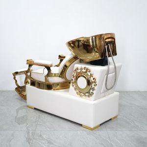<b>Portable</b> Ceramic Basin Stainless Steel Gold Shampoo <b>Bed</b> Semi-reclining Shampoo Chair with Adjustable Footrest for Barber Shop - Product Image 5