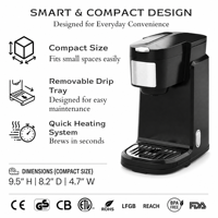 Machine à café à portion individuelle compacte pour dosettes K-Cup et café moulu, idéale pour la maison, le bureau et l'hôtel