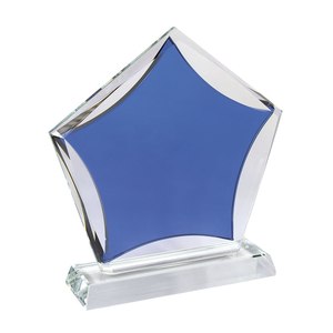 Trofeo di vetro stella blu con stampa UV per omaggi fieristico e regali di benvenuto - Product Image 1