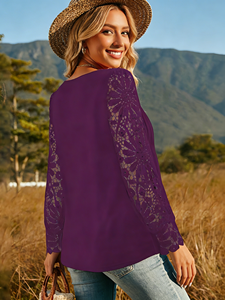 Blusa Casual de Verano para Mujer, Elegante, con Mangas de Encaje Morado, Cuello en V, Botones, Talla Grande - Product Image 3