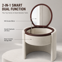Ensemble coiffeuse rembourré crème avec miroir rond rabattable, rangement dissimulé, chaise assortie, mobilier de chambre