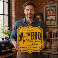 Plaque Métallique Décorative Murale Vintage pour Restaurant BBQ Oklahoma Bull, en Étain Embossé, Personnalisable, Fournisseur Direct d'Usine OEM