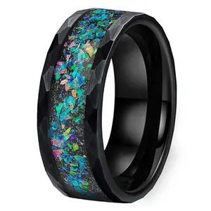 8mm Silver/Black crushed opal for ring inlay bulk jewelry wholesale tungsten hammered ring with crushed opal