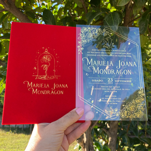 Bellezza la bestia a tema Quinceanera invito a nozze lamina d'oro UV stampata su busta di velluto rosso sigillo di cera croce in stile angelo - Product Image 1