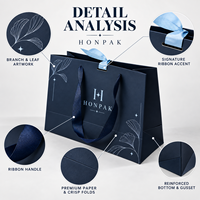 Sac cadeau en papier bleu premium HONPAK, sac de shopping personnalisé avec logo en feuille d'aluminium et poignée en ruban gros-grain pour emballage de boutique
