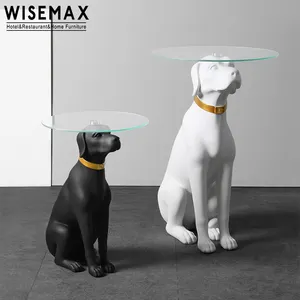WISEMAX 가구 미니멀리스트 홈 장식 흰색 개 모양 수지 프레임 크리 에이 티브 바닥 장식 라운드 유리 테이블