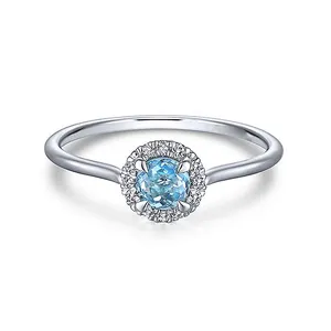 SKA 18 K 14K White Gold Round Blue Topaz and Diamond Halo Ring gold plated ring silver zircon diamond silver ring