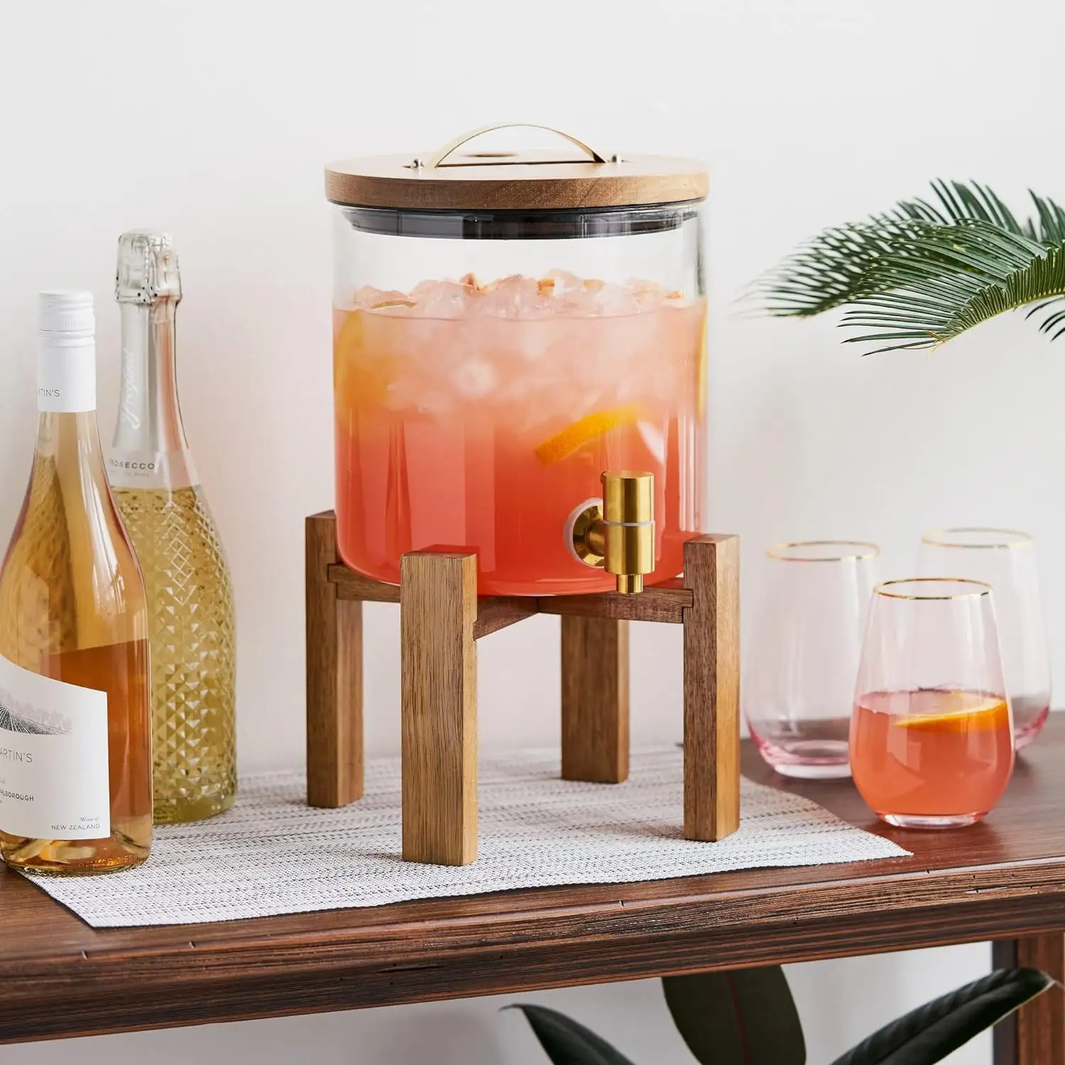 Dispensador de bebidas de vidro com suporte de madeira de bambu Dispensador de bebidas de vidro 3L com tampa de torneira Suporte de madeira