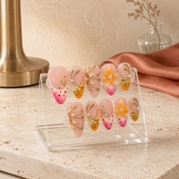 Kuku Palsu 3D Bunga Mutiara Emas Pink Oranye Lukisan Tangan Grosir untuk Salon Kecantikan