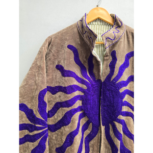Women's Brown <b>Velvet</b> Blouson Jacket with <b>Purple</b> Flocked Sunburst Pattern, Mandarin Collar, Zip-Up Short Coat - Product Image 6