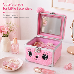 Boîte de beauté avec miroir LED réglable à cadre en aluminium, design lapin mignon en fausse fourrure rose pâle, cadeau d'anniversaire pour adolescents et enfants - Product Image 4