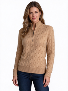 Pull blanc en maille torsadée à col montant et fermeture éclair, à manches longues, pour un usage décontracté - Product Image 4