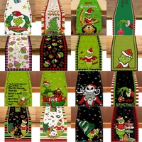 Chemin de table en lin Grinch pour Noël, décoration de table amusante pour les fêtes, tissu en lin naturel pour salon, salle à manger, fête, maison, cuisine