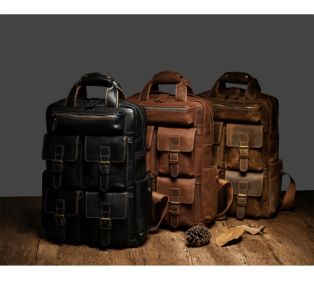 NEW Custom Printed LOGO Full Grain Leather Backpack 17" Laptop Bag Men's Vintage Business Backpack for Travel Hiking Camping