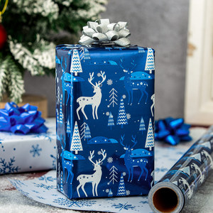 Reversible Christmas <b>Wrapping</b> <b>Paper</b> Roll 17 Inch X 33 Feet Navy Blue <b>White</b> Reindeer Tree with Blue Snowflake Print - Product Image 1