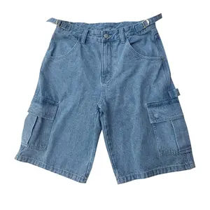 Pantaloncini cargo in denim larghi blu medio da uomo personalizzati 2023 jeans larghi da carpentiere pesanti pantaloncini cargo da uomo