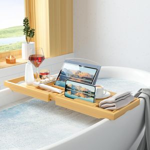 Bamboo Bathtub <b>Caddy</b> Foldable Retractable Freestanding Bathroom Storage <b>Tray</b> For <b>Bath</b> Time Relaxation - Product Image 5