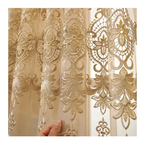 Готовые декоративные домашние винтажные кружевные бежевые прозрачные шторы с вышивкой для гостиной