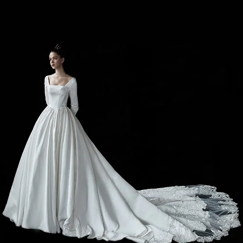 Long Sleeves Satin Lace Ready To Ship Backless Simple Wedding Dress