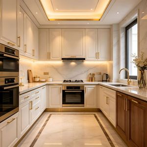 Villa de style français moderne, <span class=keywords><strong>en</strong></span> contreplaqué, écologique, avec plan de travail <span class=keywords><strong>en</strong></span> marbre, système de rangement à fermeture douce, armoires de cuisine sur mesure de qualité E0 - Product Image 1