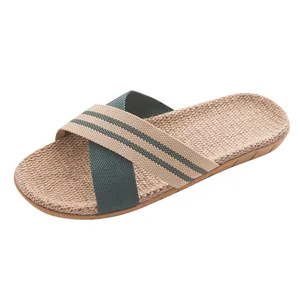 New Summer Men Linen Flip Flops Striped Ribbon Sandals Flat Non-Slip Linen Slides Home Slipper Man Casual Straw Beach Shoes A40