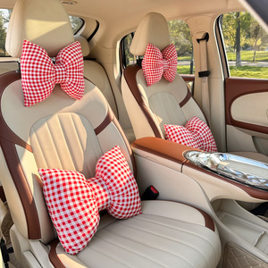 Car Headrest And Lumbar Support Pillow <b>Red</b> Checkered <b>Bow</b> Design Polyester Medium Firmness For All Seasons Interior Decor - Product Image 1