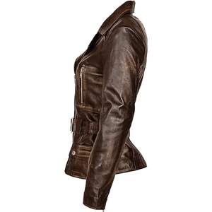 Chaqueta de Cuero Genuino Personalizada para Mujer, Manga Larga, Resistente al Viento, Estilo Clásico de Motociclista, Color Marrón - Product Image 4