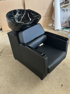 Modern All Black Salon Shampoo Chair with Glossy Ceramic Bowl Adjustable <b>Footrest</b> Chrome Fixtures Spa Hair Wash Station - Product Image 6