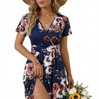 Robe d'été décontractée florale OUGES pour femme, lavable, col en V, coupe trapèze, longueur midi, avec poches, manches courtes, 95% polyester, 5% élasthanne