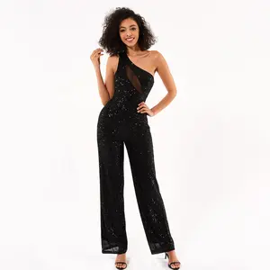 Fashion Lady Clothes Women's Clothing Summer Romper 1 Shoulder Sexy See Through Wide Leg Black Sequin Bodycon Jumpsuit