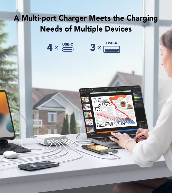 HNT 185W GaN 7 Port Fast Charger PD65W Laptop Power Adapter UK Plug for MacBook Pro/Air/iPhone 16/15/14/13/iPad/Galaxy S24/S23