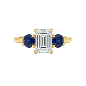 1.60 Ct Diamond & Blue Sapphire <b>Ring</b>, 14K Gold Lab Grown Diamond <b>Ring</b>, <b>Emerald</b> Cut Diamond <b>Ring</b>, 3 Stone Diamond <b>Ring</b> - Product Image 5