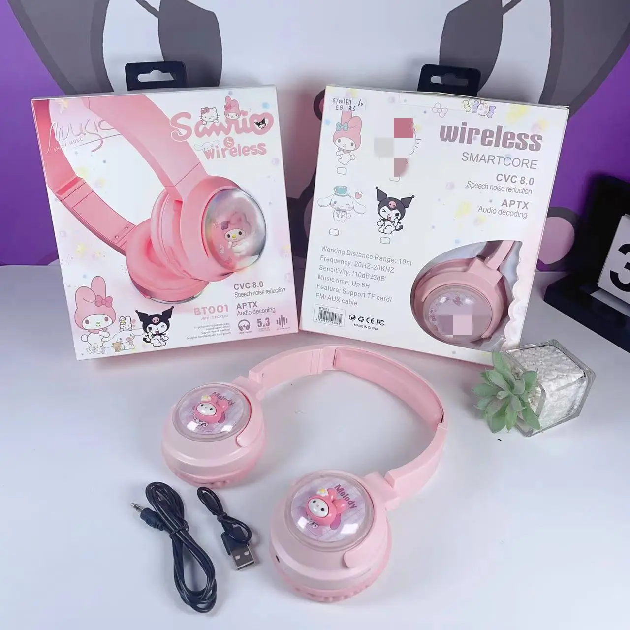 Ruunjoy sanrio headphone bluetooth lucu anime kuromi Cinnamoroll headset nirkabel berat dapat dilipat Earphone untuk Laptop ponsel