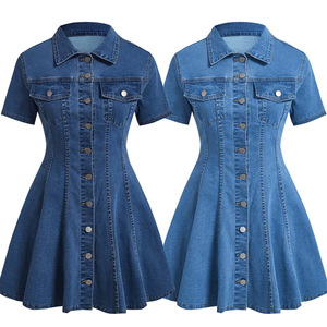 Nouvelle <span class=keywords><strong>robe</strong></span> <span class=keywords><strong>en</strong></span> <span class=keywords><strong>jean</strong></span> pour femmes à manches courtes, col à revers, taille cintrée - Product Image 1