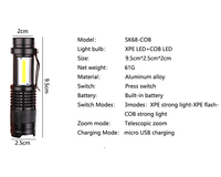 Mini lampe torche LED USB SK68 rechargeable avec gravure de logo, batterie intégrée, lampe torche COB, torche réglable
