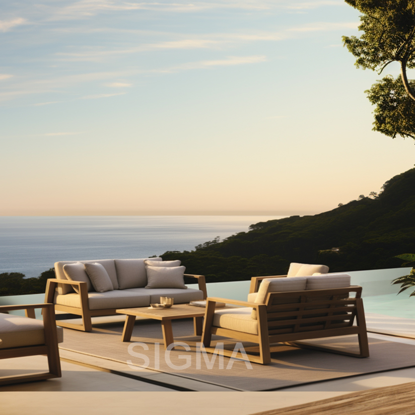 Luxury outdoor furniture table chair sofa set teak base waterproof fabric garden outdoor teak furniture