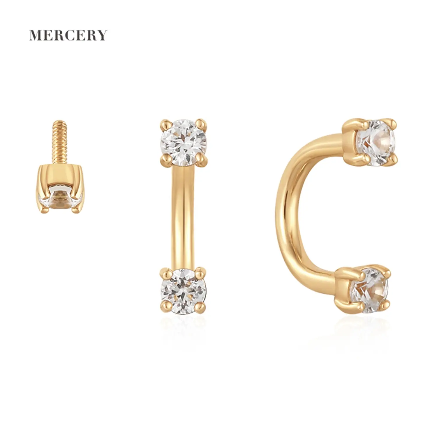 Mercery Groothandel 14K Massief Gouden Neusring Witte Saffier Odm Custom Kraakbeen Sexy Hoefijzerstaaf Barbell Oor Piercing Sieraden