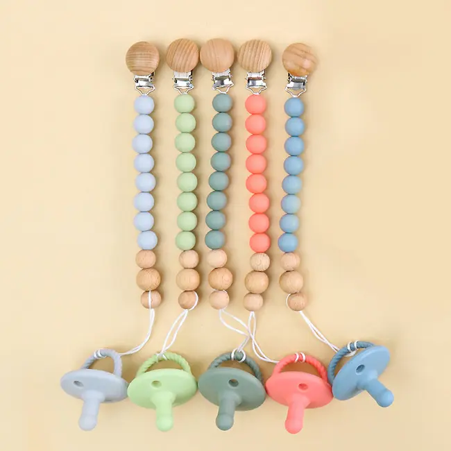 Fabbrica Custom Eco Friendly supporto in legno catena Set per la dentizione del bambino custodia per la pulizia Dummy massaggiagengive in Silicone per il ciuccio del bambino Clip