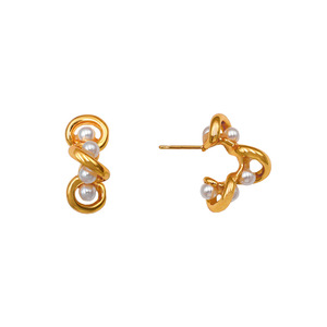 Geometric Pearl C-Shaped <b>Stud</b> Earrings Gold 18K Wrapped <b>Titanium</b> Steel Everyday Wear - Product Image 5