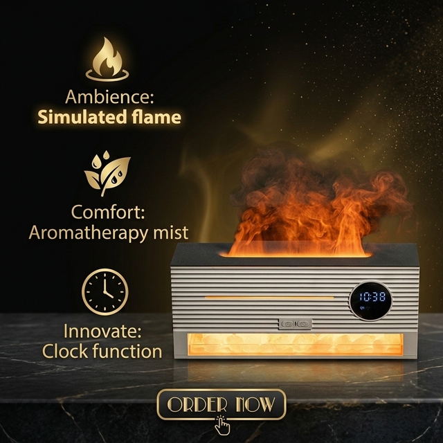 Smart Home New Clock Design Ultrasonic Essential Oil Diffuser Flame Aroma Diffuser Air Humidifier Household Plastic Product