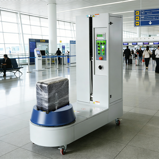Wallepac Automatic Carton Pre Stretch Film Wrapping Machine Luggage Horizontal Packing Machine Buggage Airport Wrapper Dispenser
