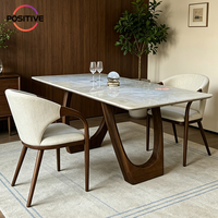 Table à manger rectangulaire en pierre frittée avec pieds en bois massif noyer, style mi-siècle, plateau en marbre design, mobilier de salle moderne