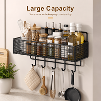 Étagère à épices murale moderne en métal noir avec crochets, amovible, sans perçage, organisateur gain de place pour salle de bain et cuisine