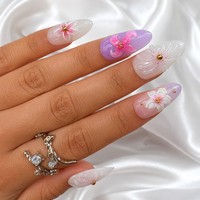 Faux ongles 3D personnalisés à presser, motif floral, amande, perles dorées, gel brillant ombré lavande, en ABS, vente en gros OEM